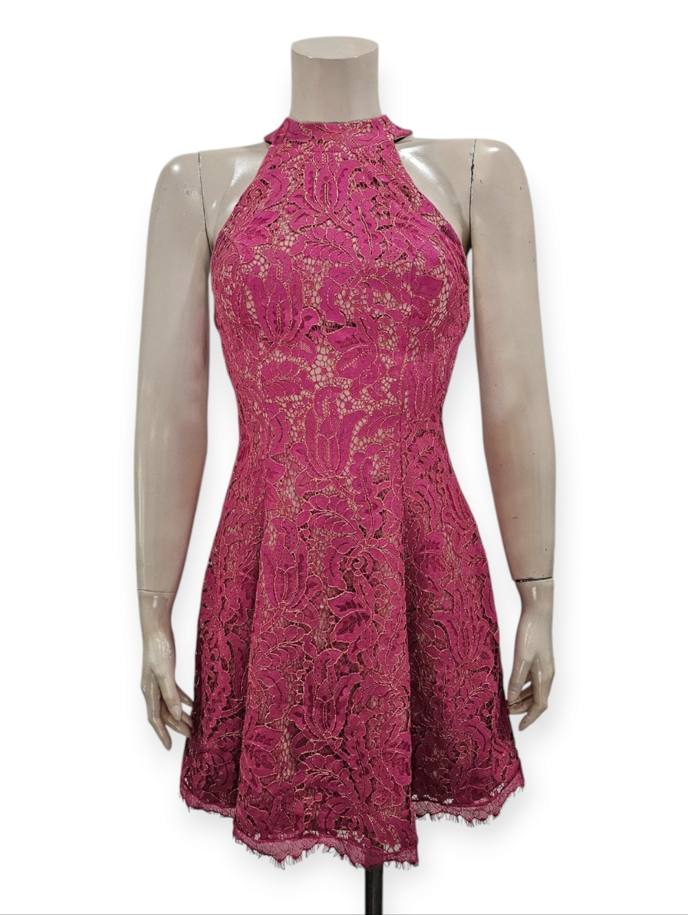 DRESS THE POPULATION Pink Lace Halter Fit Flare Mini Dress XS